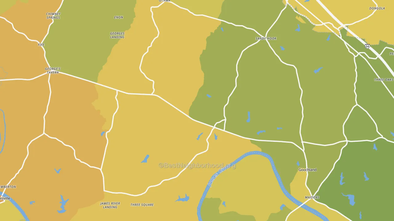 Map of the best neighborhoods in the Goochland area, with better matches in green and worse matches in red