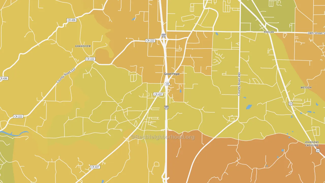 Map of the best neighborhoods in the Good Hope area, with better matches in green and worse matches in red
