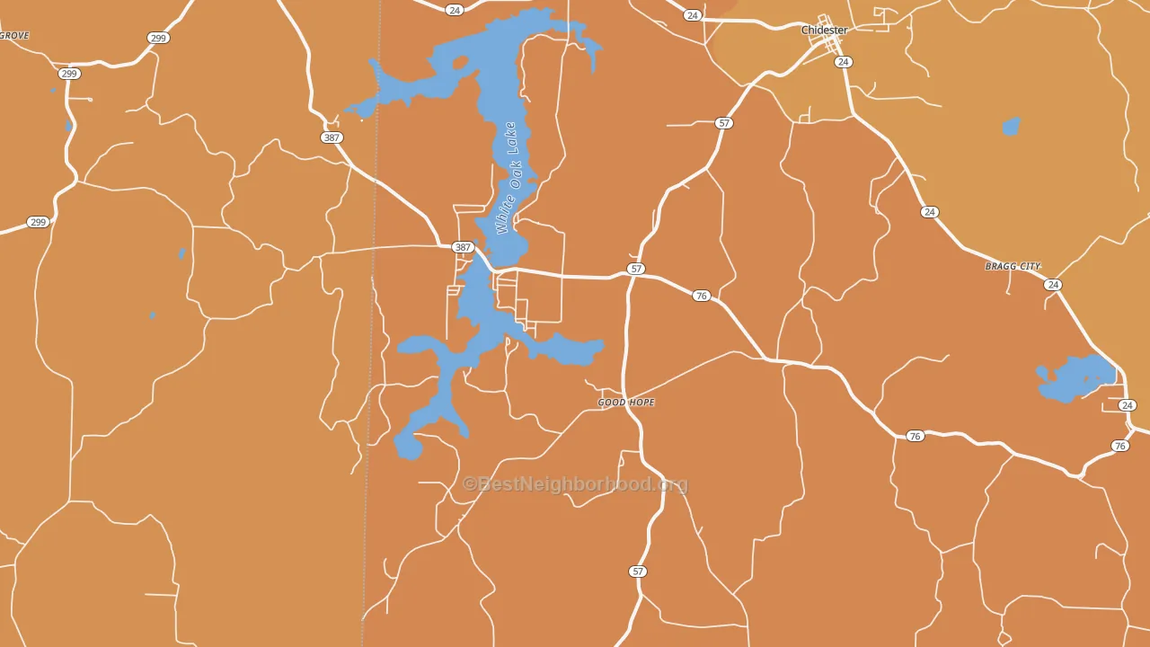 Map of the best neighborhoods in the Good Hope area, with better matches in green and worse matches in red