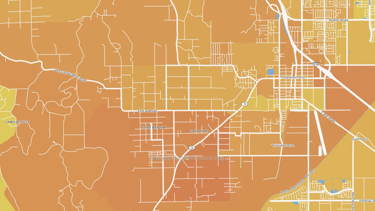 Map of the best neighborhoods in the Good Hope area, with better matches in green and worse matches in red