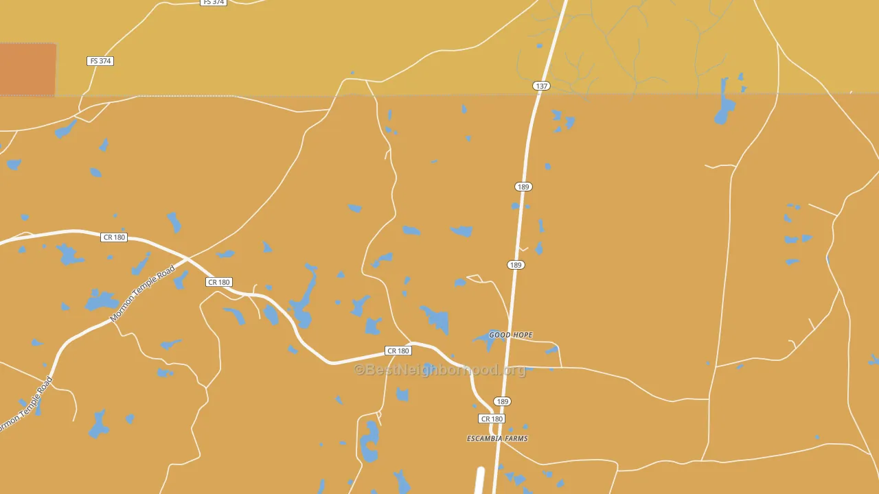 Map of the best neighborhoods in the Good Hope area, with better matches in green and worse matches in red
