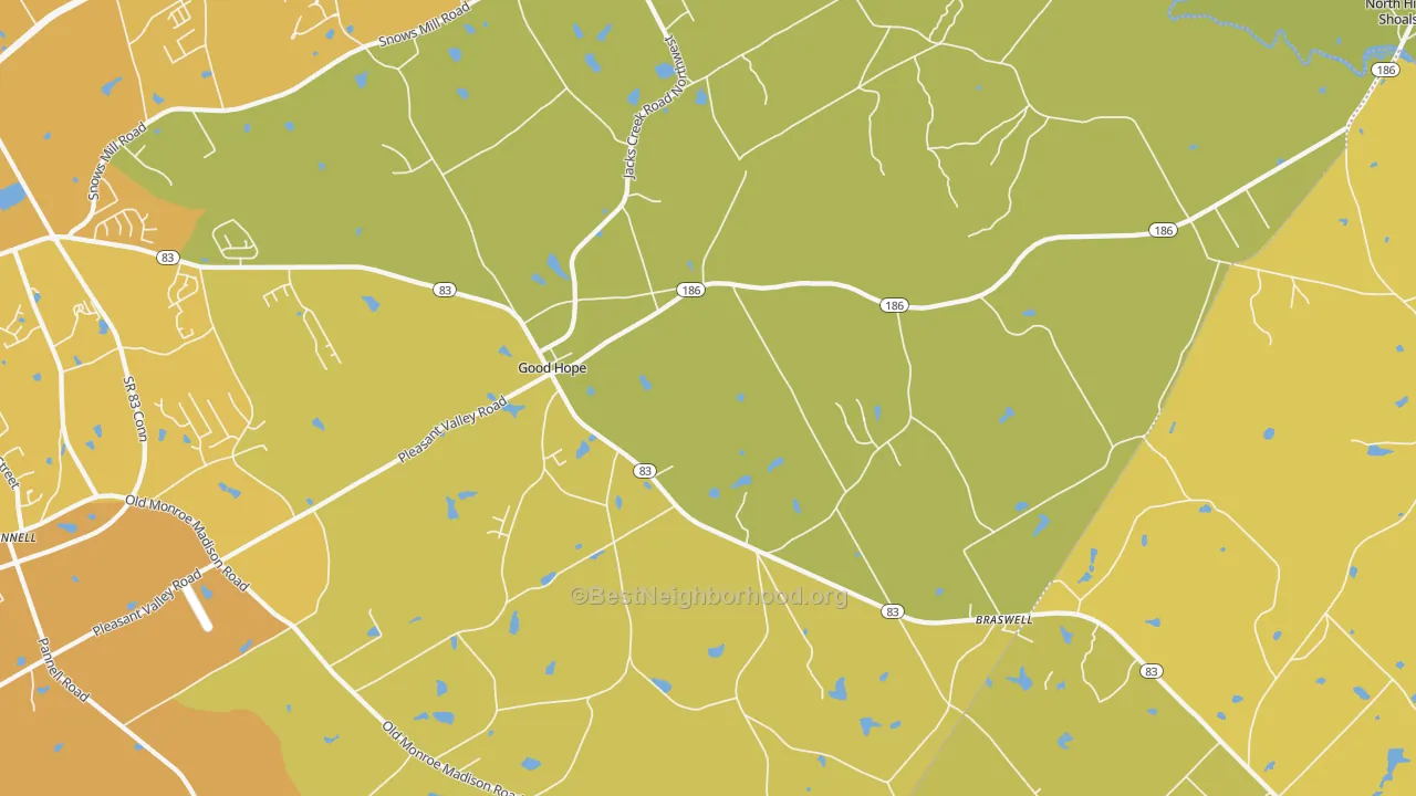 Map of the best neighborhoods in the Good Hope area, with better matches in green and worse matches in red
