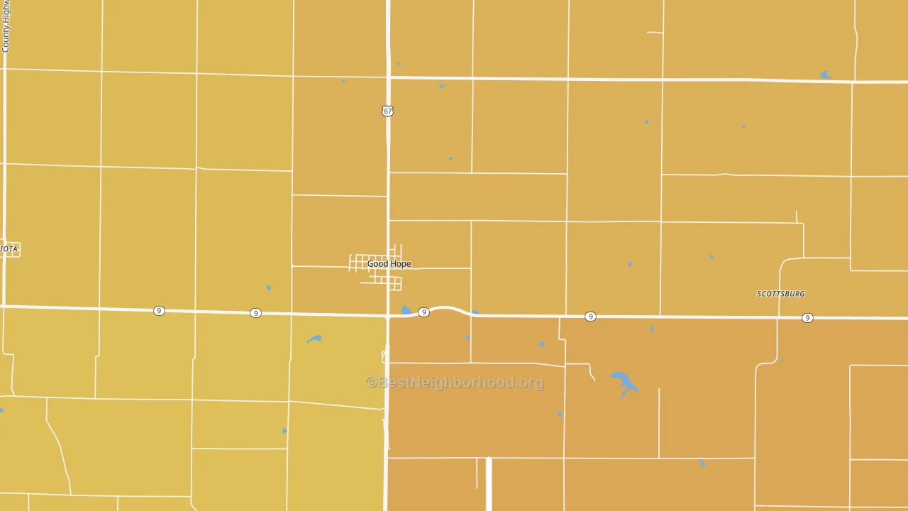 Map of the best neighborhoods in the Good Hope area, with better matches in green and worse matches in red