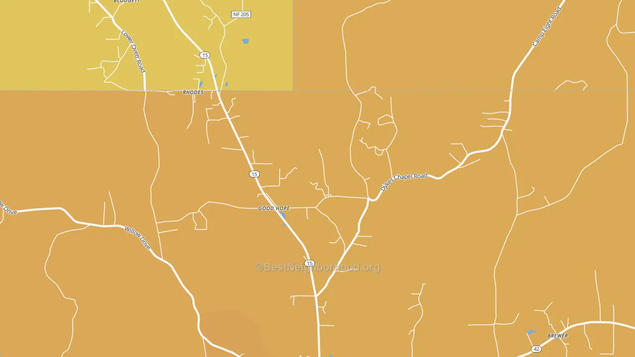 Map of the best neighborhoods in the Good Hope area, with better matches in green and worse matches in red