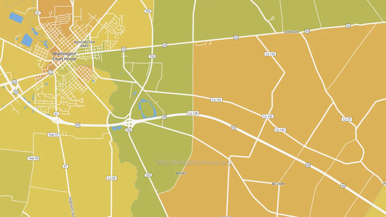Map of the best neighborhoods in the Good Hope area, with better matches in green and worse matches in red