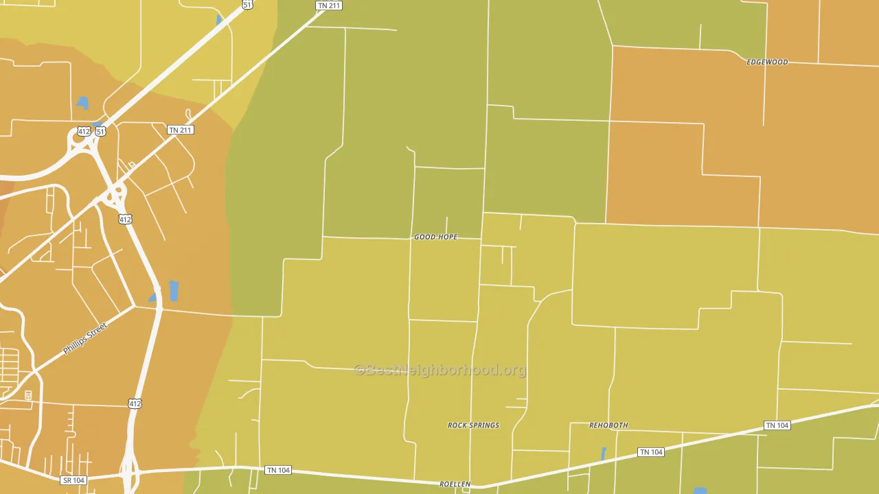Map of the best neighborhoods in the Good Hope area, with better matches in green and worse matches in red