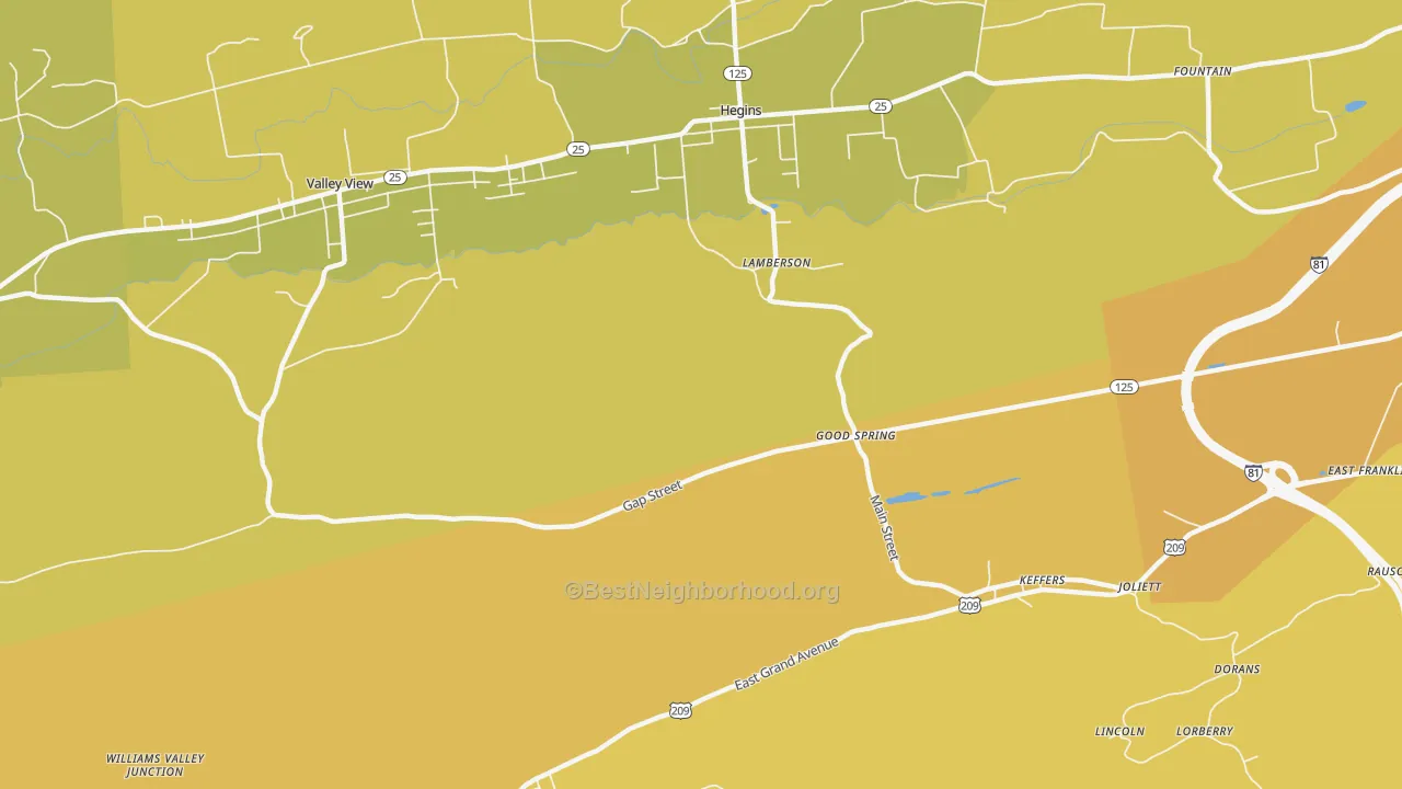 Map of the best neighborhoods in the Good Spring area, with better matches in green and worse matches in red