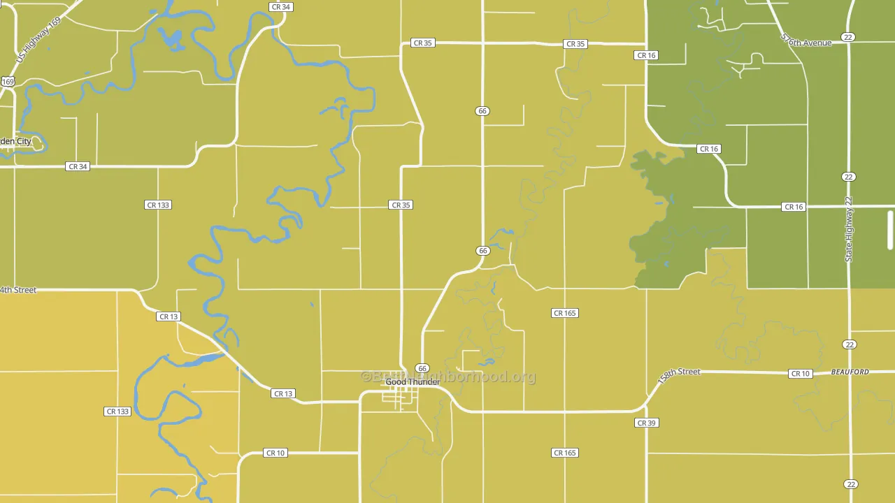 Map of the best neighborhoods in the Good Thunder area, with better matches in green and worse matches in red