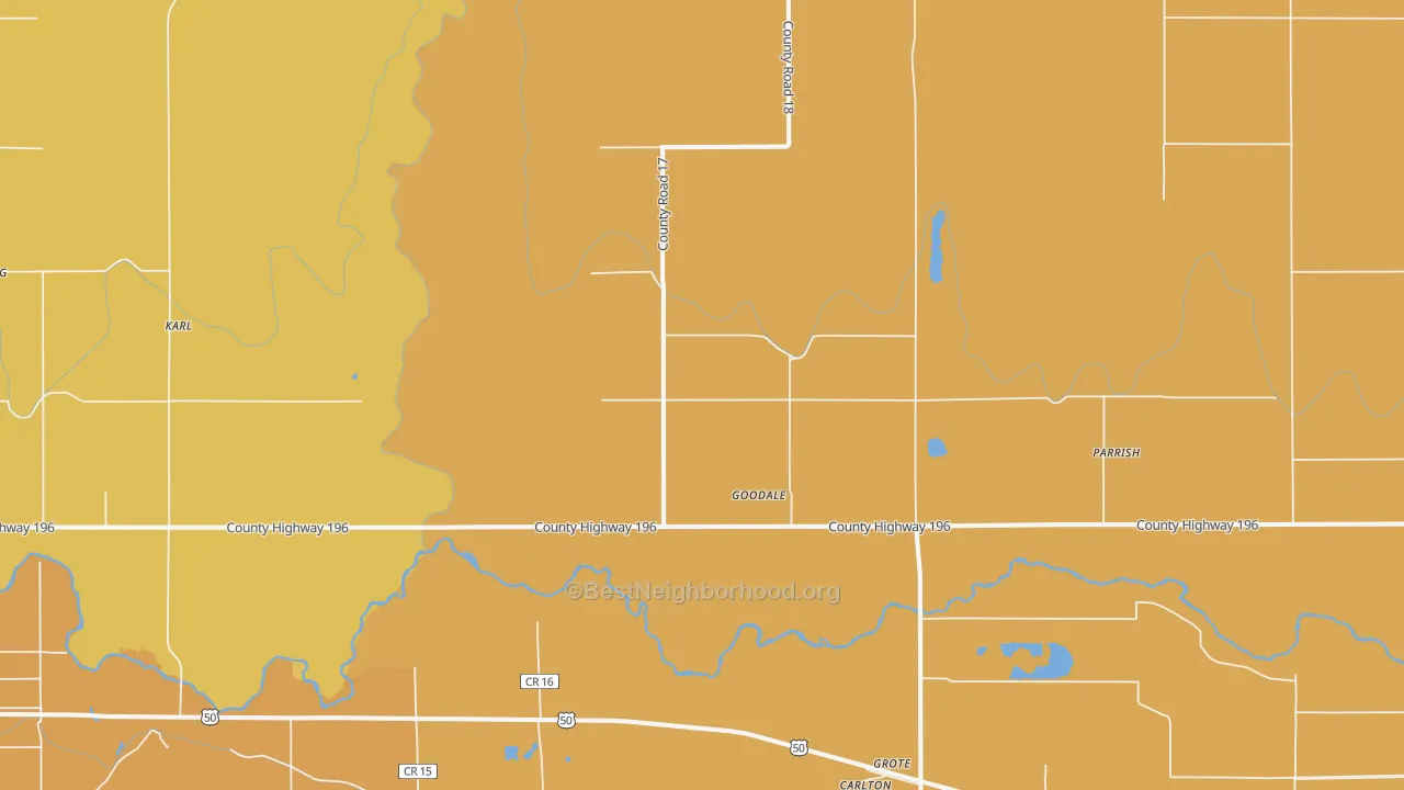Map of the best neighborhoods in the Goodale area, with better matches in green and worse matches in red