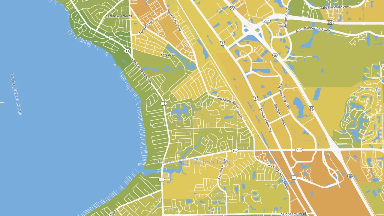 Map of the best neighborhoods in the Goodby's Creek, Jacksonville area, with better matches in green and worse matches in red