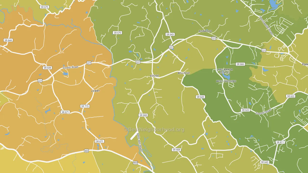 Map of the best neighborhoods in the Goode area, with better matches in green and worse matches in red