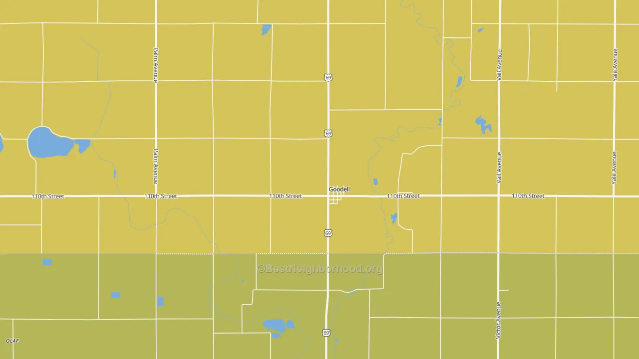 Map of the best neighborhoods in the Goodell area, with better matches in green and worse matches in red