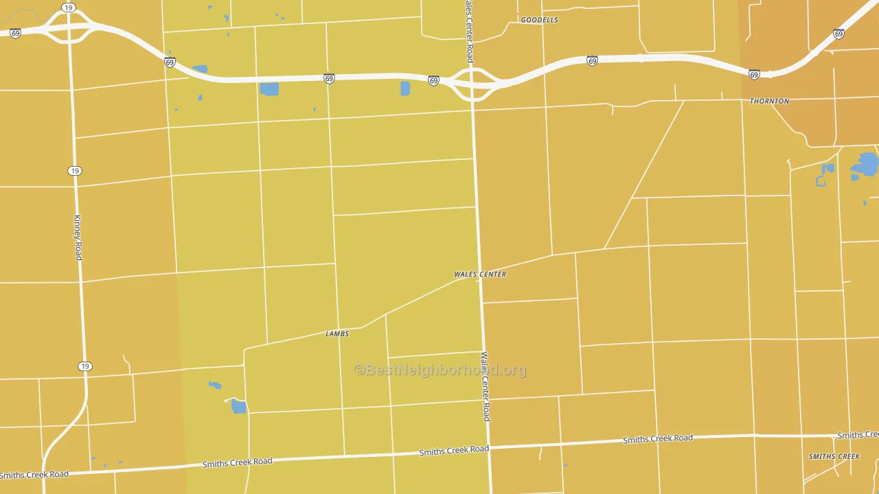 Map of the best neighborhoods in the Goodells area, with better matches in green and worse matches in red