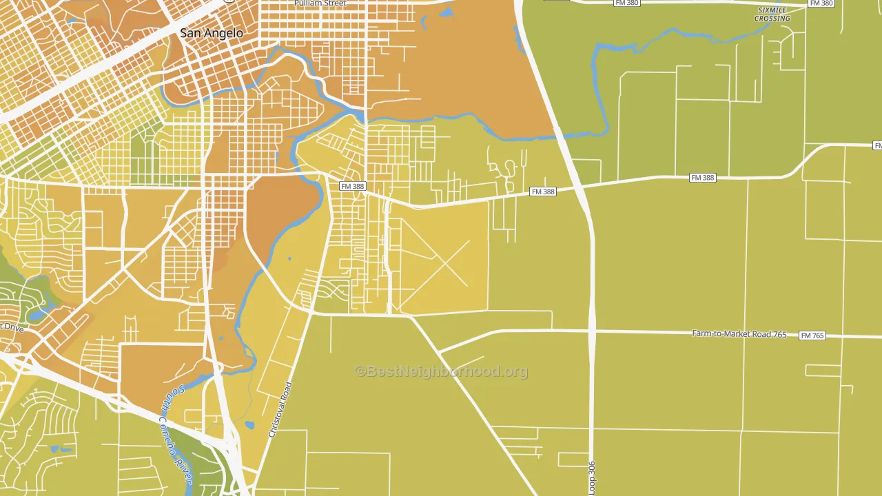 Map of the best neighborhoods in the Goodfellow Afb area, with better matches in green and worse matches in red