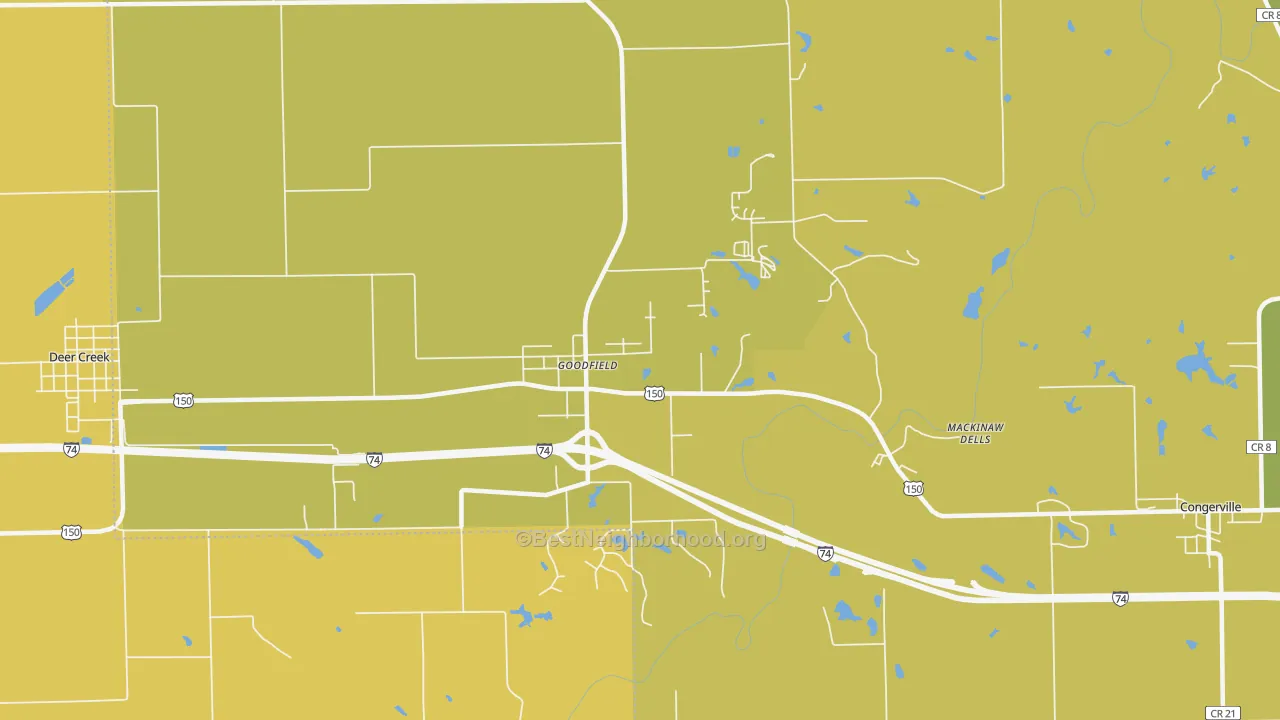 Map of the best neighborhoods in the Goodfield area, with better matches in green and worse matches in red
