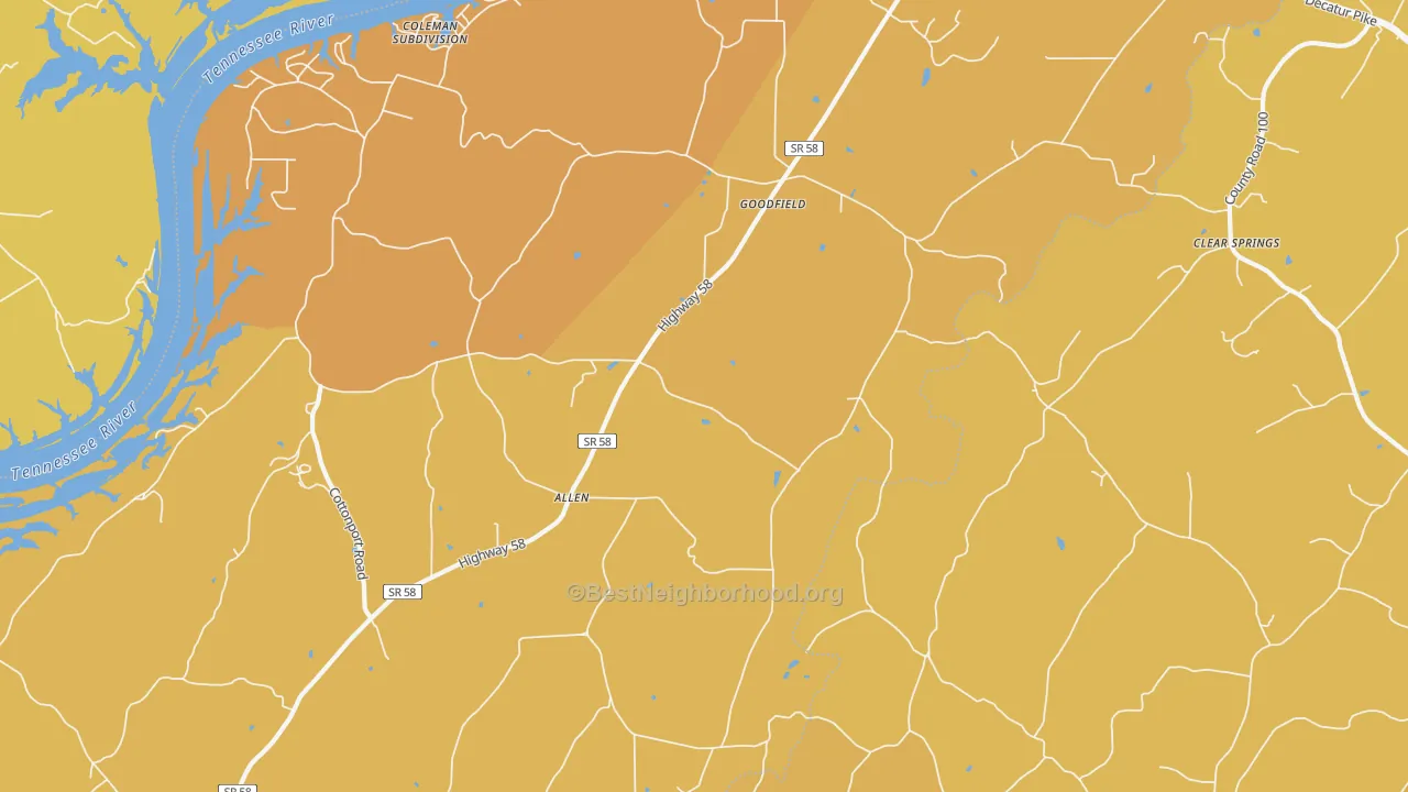 Map of the best neighborhoods in the Goodfield area, with better matches in green and worse matches in red