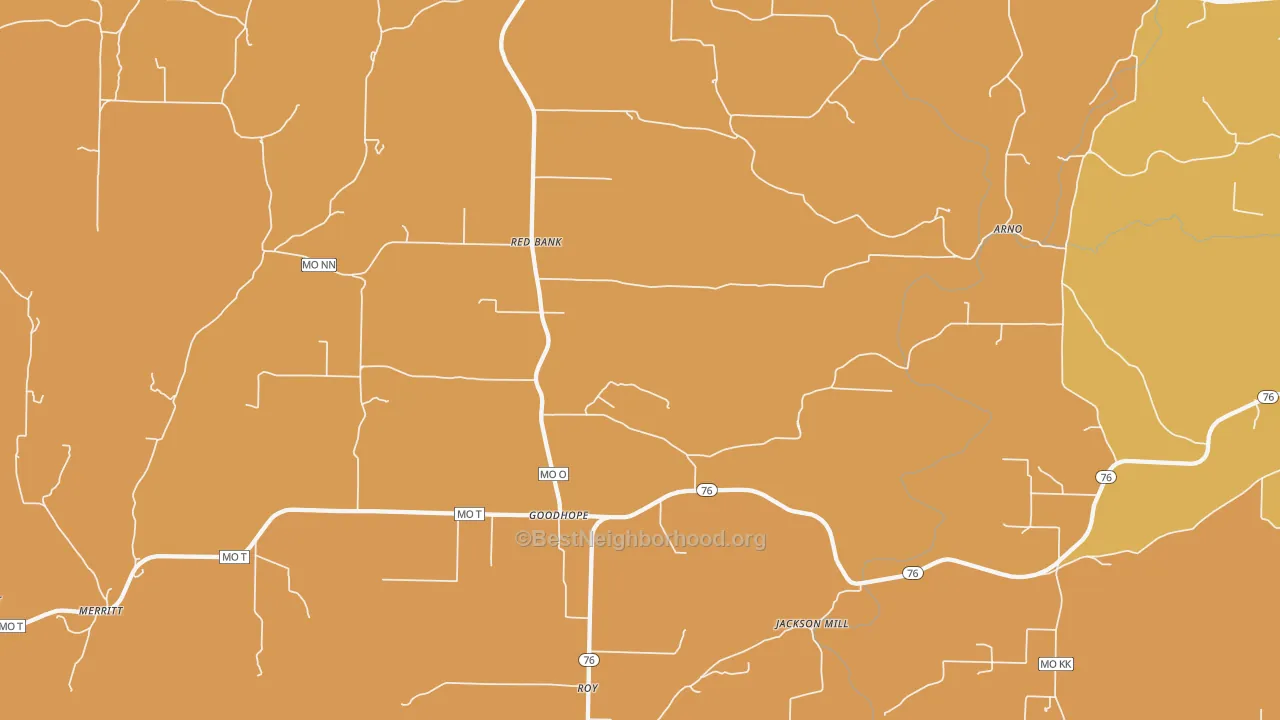 Map of the best neighborhoods in the Goodhope area, with better matches in green and worse matches in red