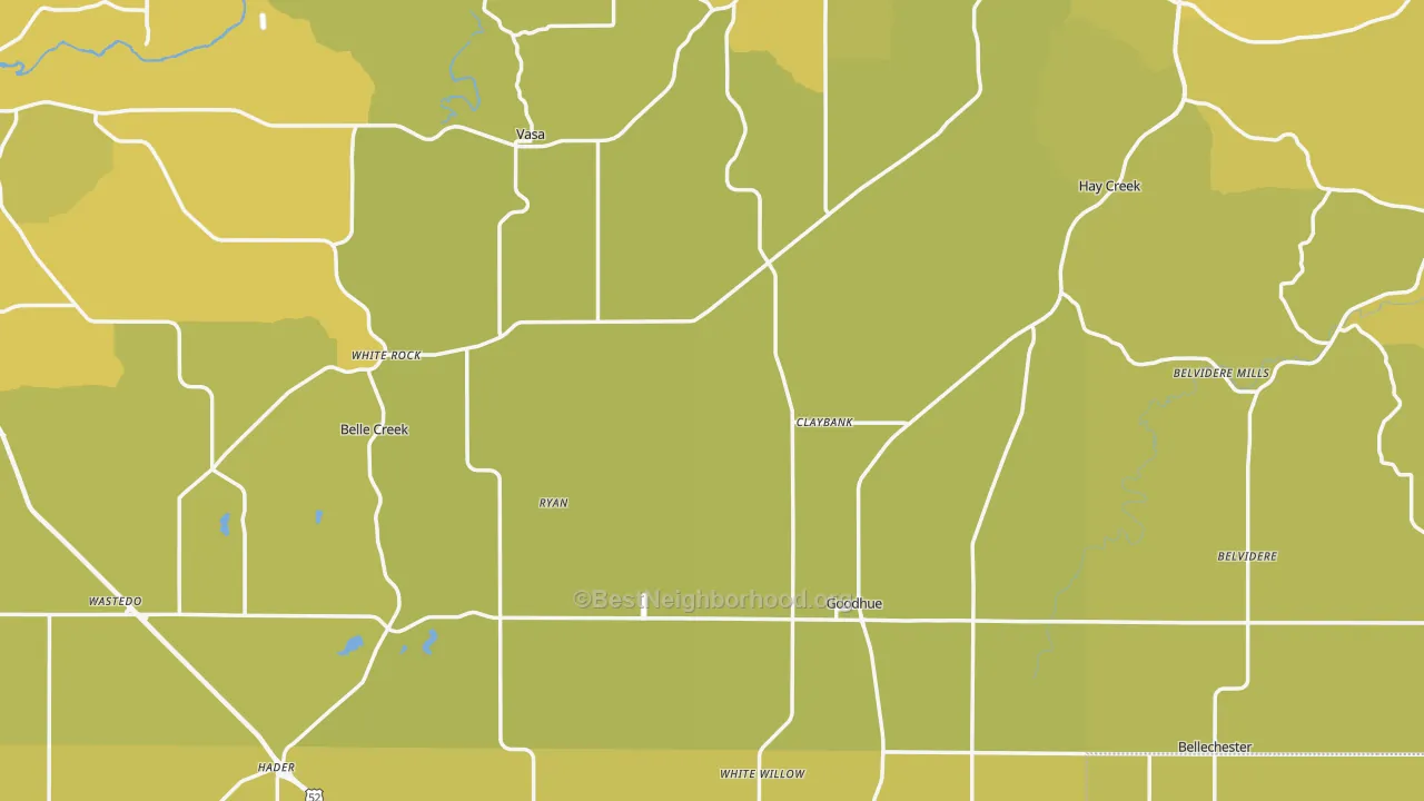 Map of the best neighborhoods in the Goodhue County area, with better matches in green and worse matches in red