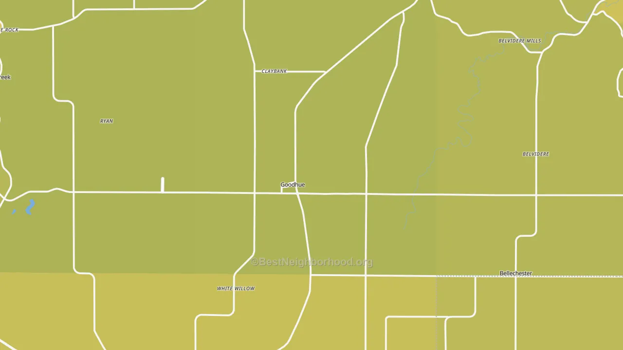 Map of the best neighborhoods in the Goodhue area, with better matches in green and worse matches in red