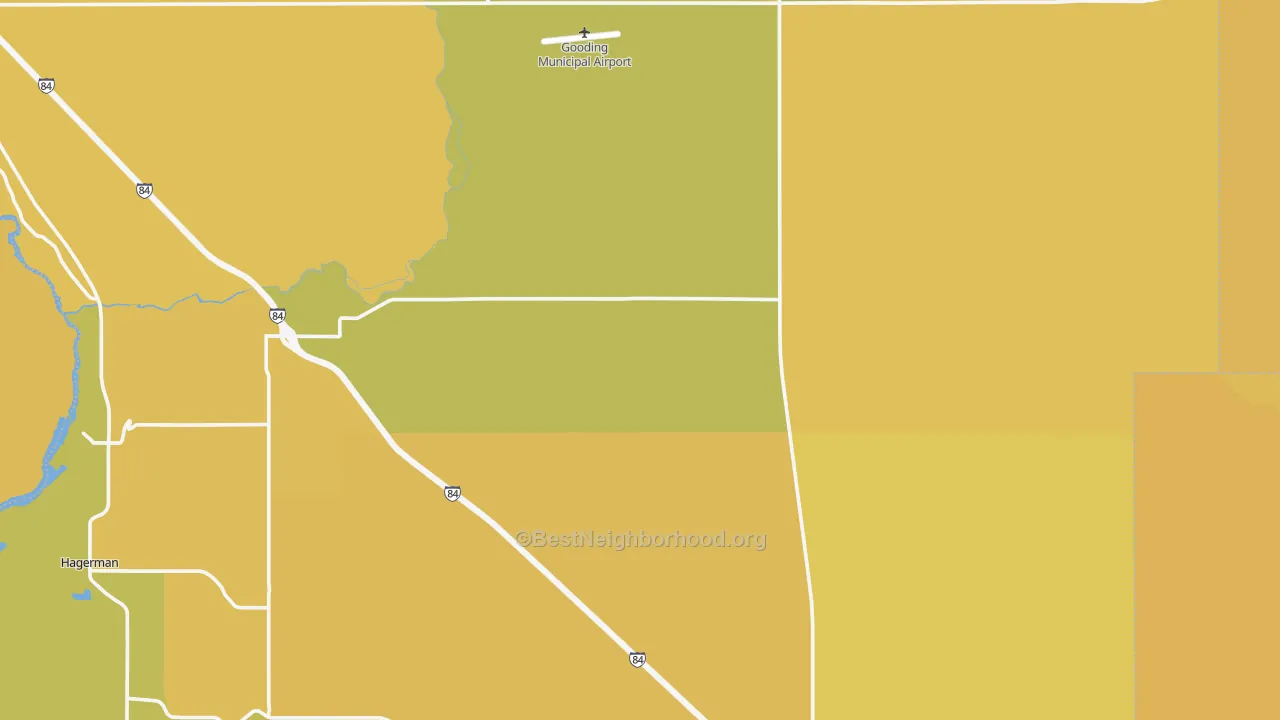 Map of the best neighborhoods in the Gooding County area, with better matches in green and worse matches in red