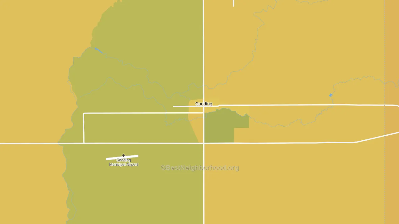 Map of the best neighborhoods in the Gooding area, with better matches in green and worse matches in red
