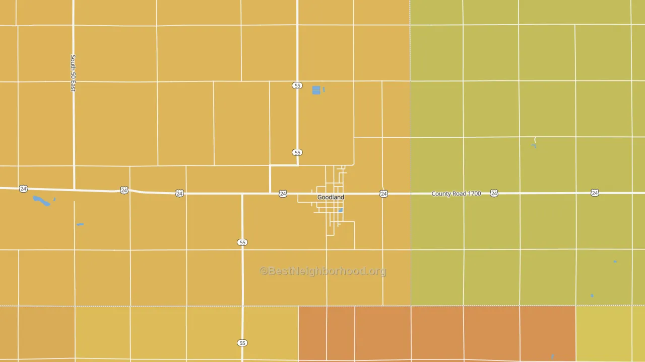 Map of the best neighborhoods in the Goodland area, with better matches in green and worse matches in red