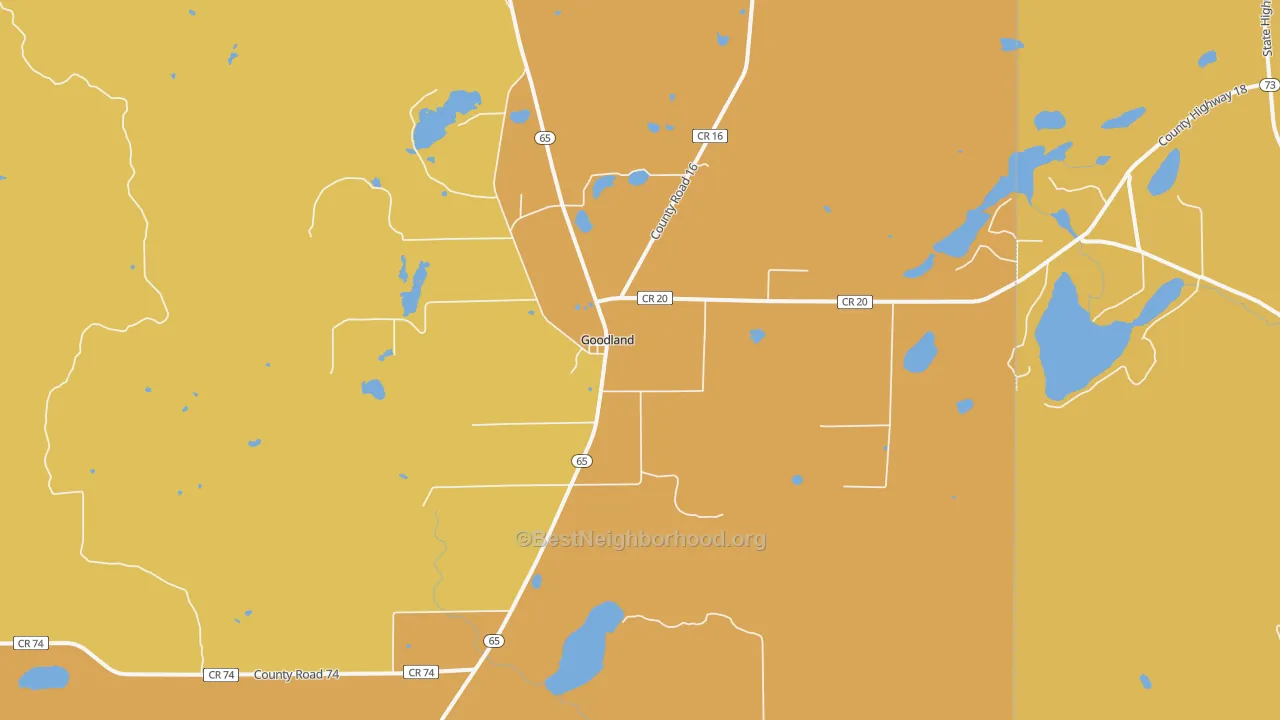 Map of the best neighborhoods in the Goodland area, with better matches in green and worse matches in red