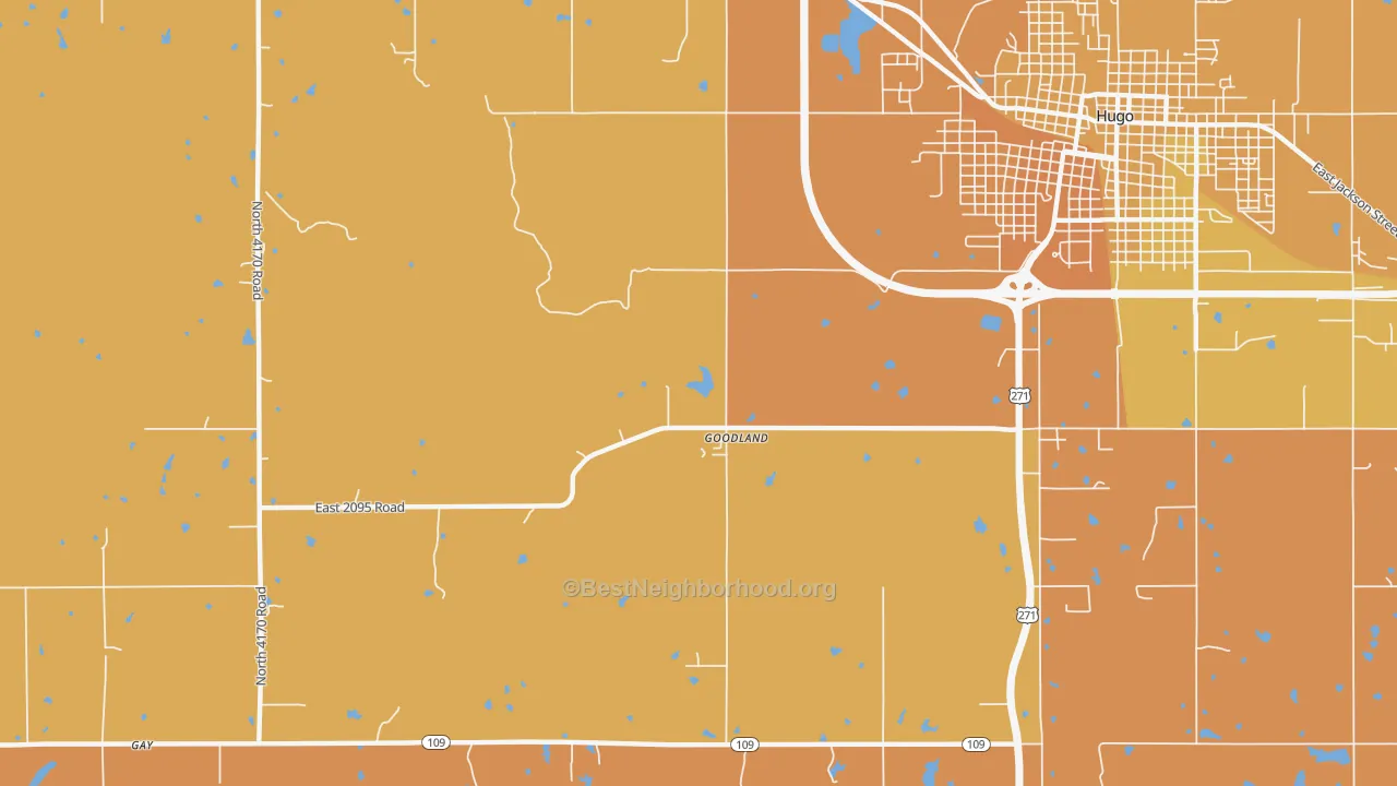 Map of the best neighborhoods in the Goodland area, with better matches in green and worse matches in red