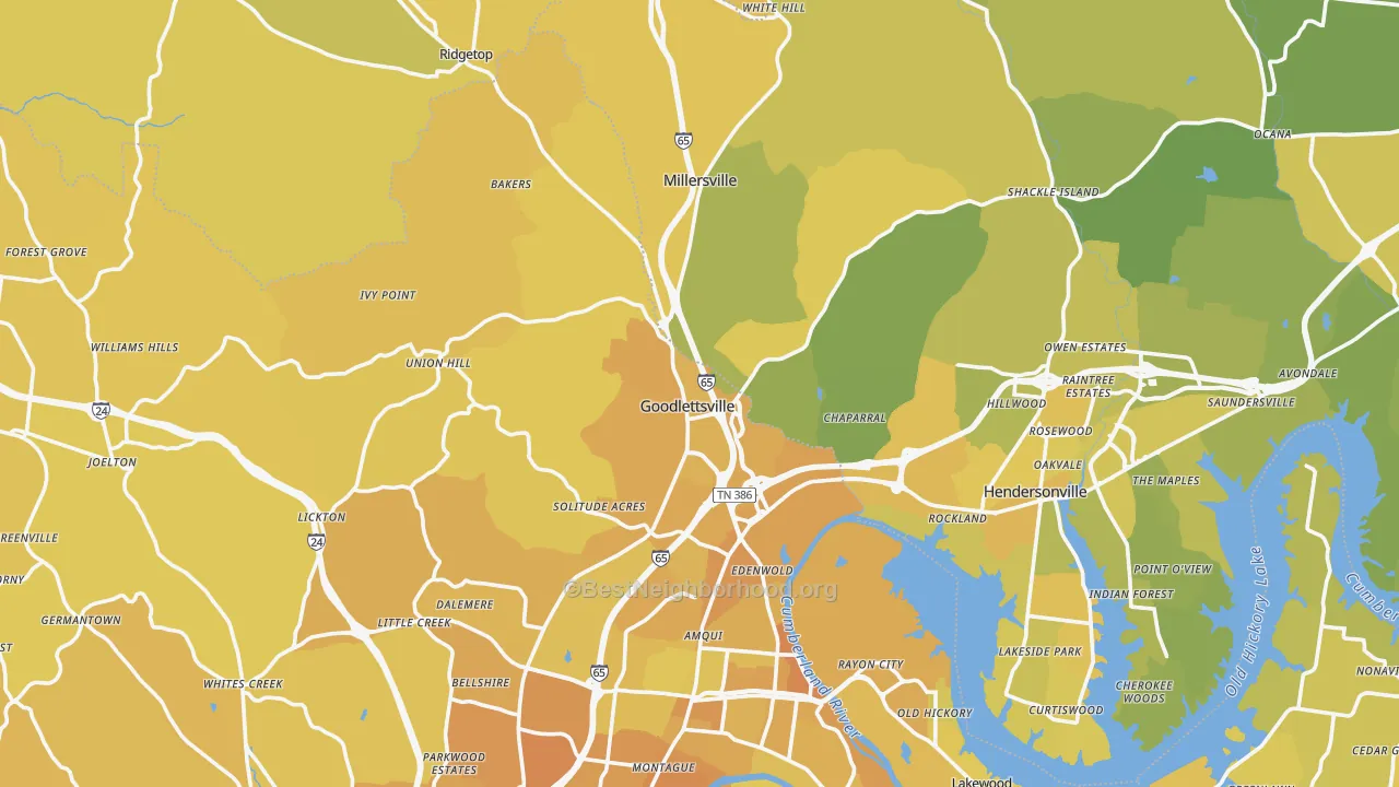 Map of the best neighborhoods in the Goodlettsville area, with better matches in green and worse matches in red