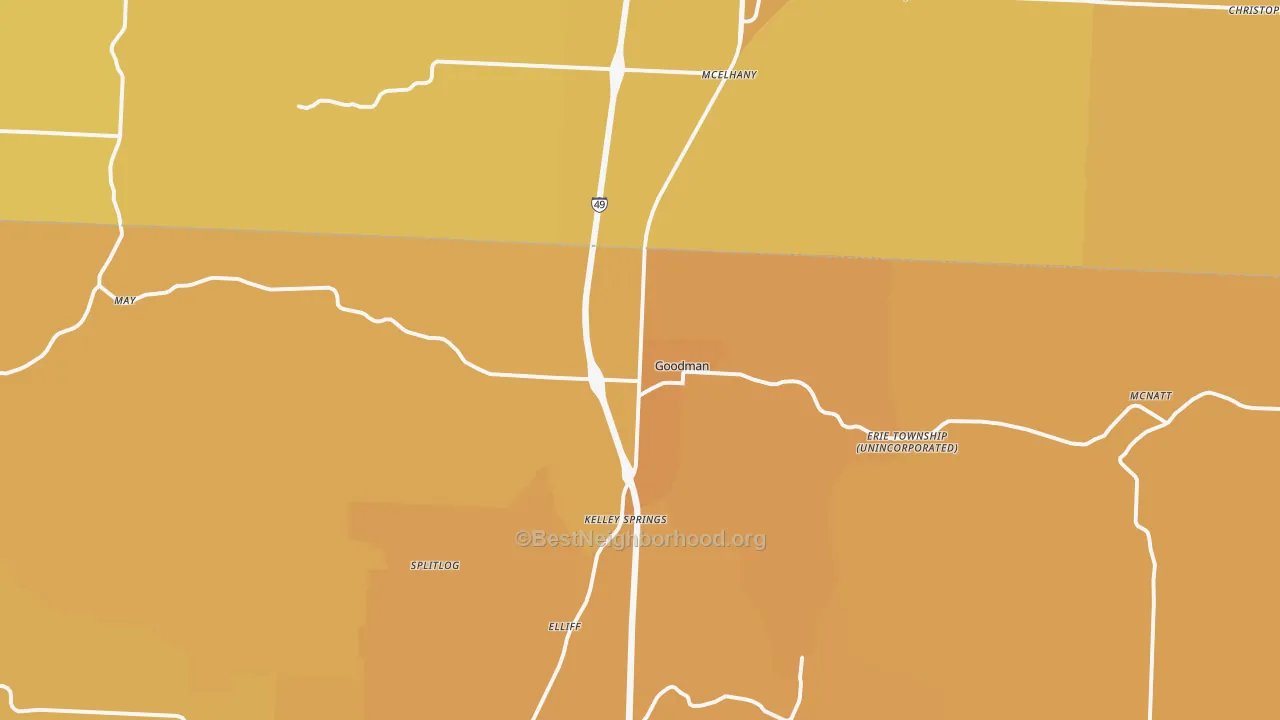 Map of the best neighborhoods in the Goodman area, with better matches in green and worse matches in red
