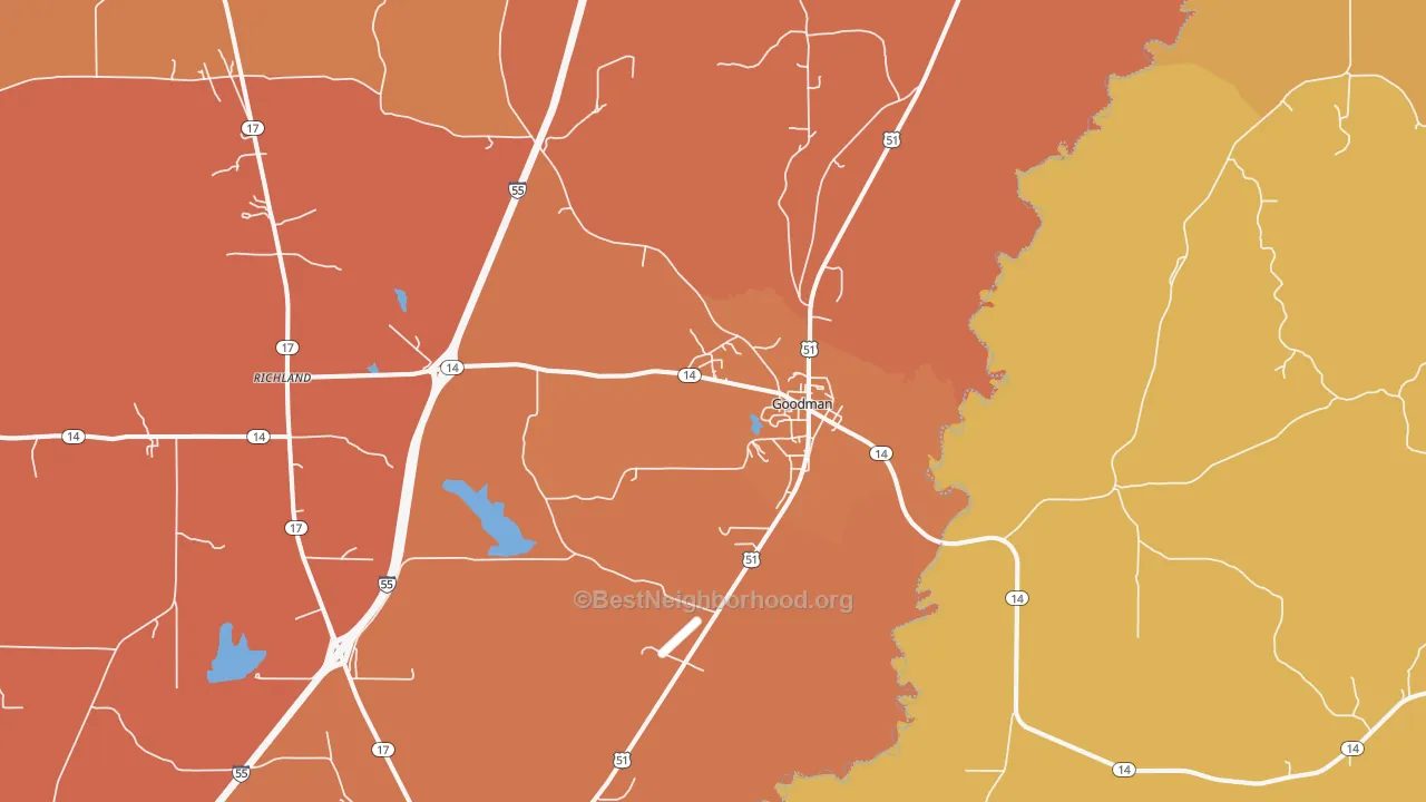 Map of the best neighborhoods in the Goodman area, with better matches in green and worse matches in red