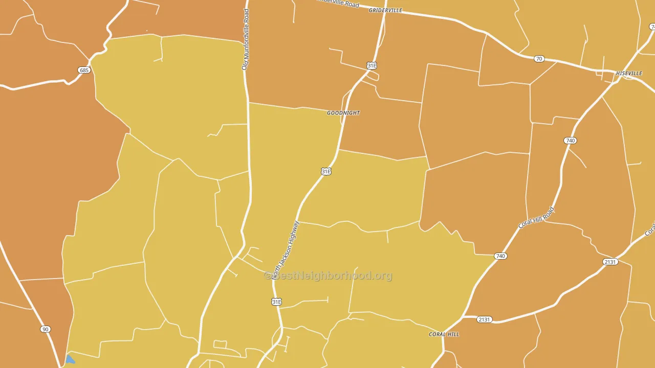 Map of the best neighborhoods in the Goodnight area, with better matches in green and worse matches in red