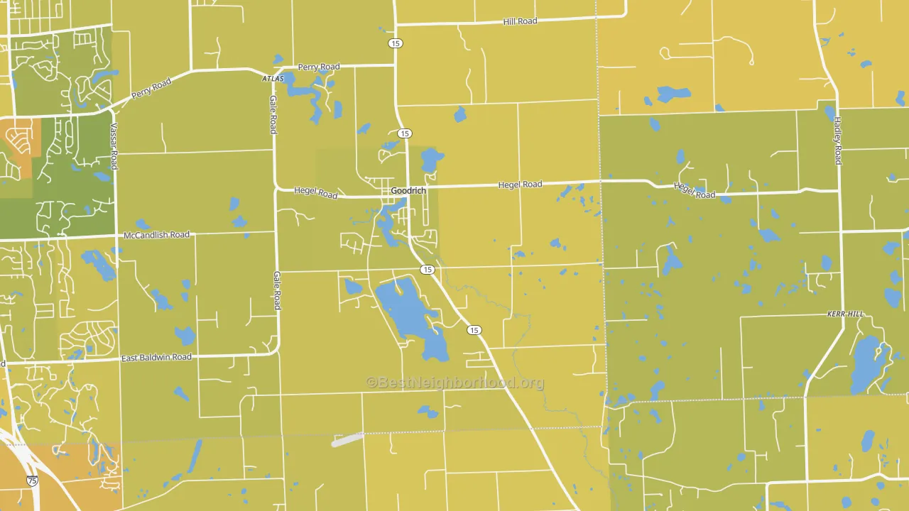 Map of the best neighborhoods in the Goodrich area, with better matches in green and worse matches in red