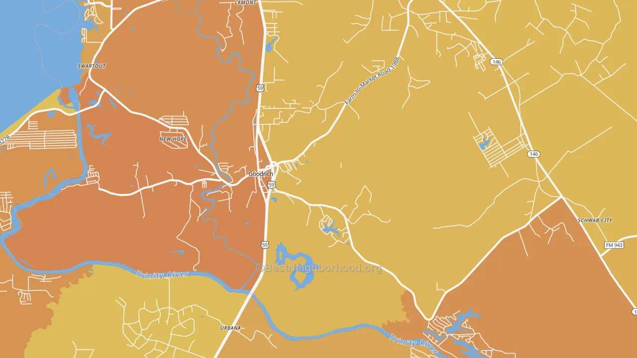 Map of the best neighborhoods in the Goodrich area, with better matches in green and worse matches in red