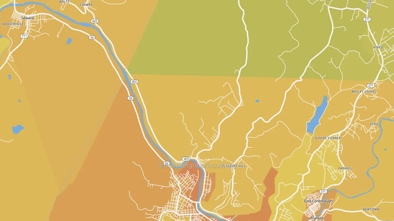 Map of the best neighborhoods in the Goods Corner area, with better matches in green and worse matches in red
