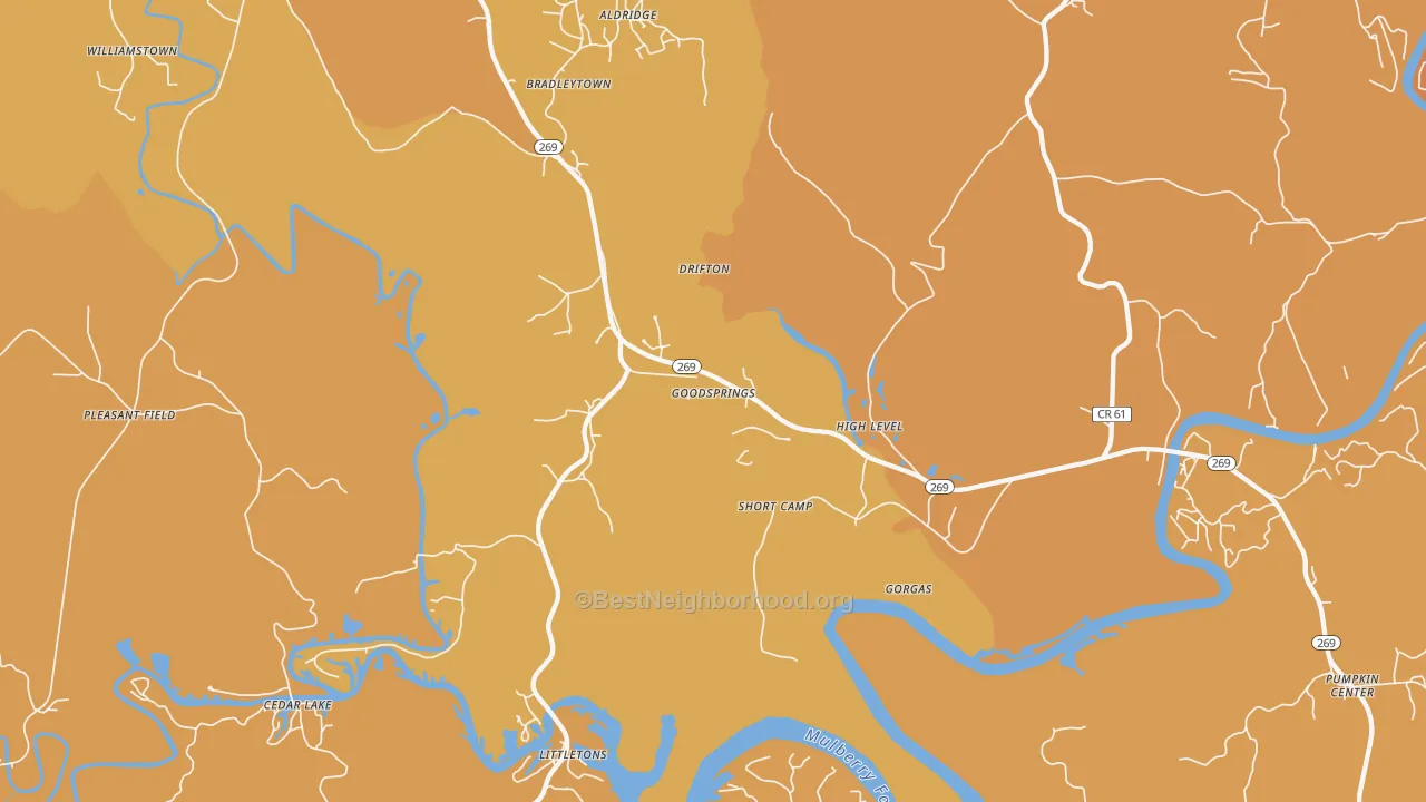 Map of the best neighborhoods in the Goodsprings area, with better matches in green and worse matches in red