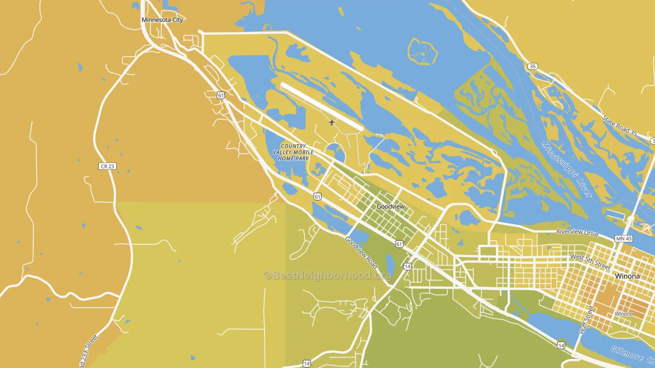 Map of the best neighborhoods in the Goodview area, with better matches in green and worse matches in red