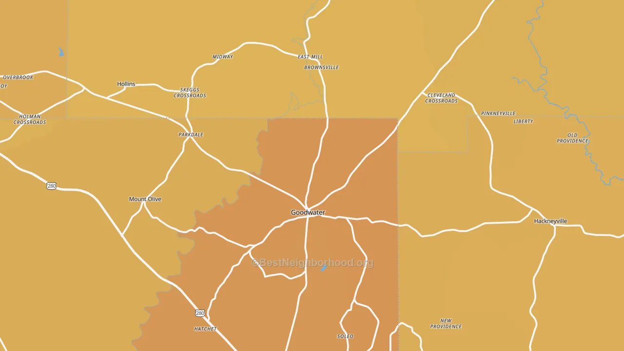 Map of the best neighborhoods in the Goodwater area, with better matches in green and worse matches in red