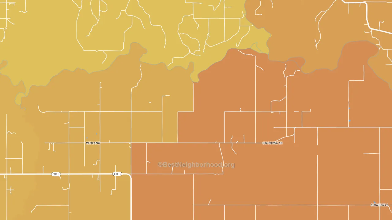 Map of the best neighborhoods in the Goodwater area, with better matches in green and worse matches in red