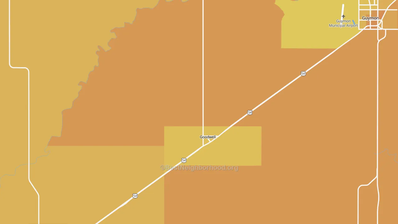 Map of the best neighborhoods in the Goodwell area, with better matches in green and worse matches in red