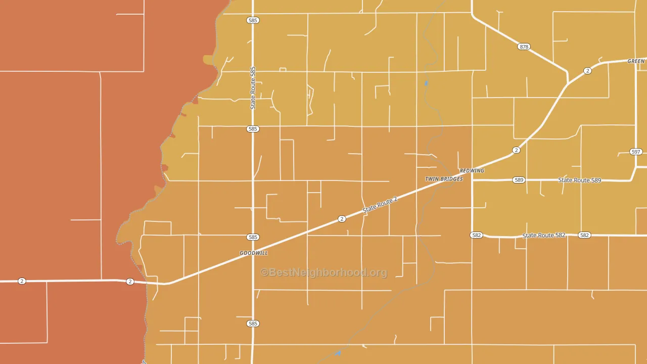 Map of the best neighborhoods in the Goodwill area, with better matches in green and worse matches in red