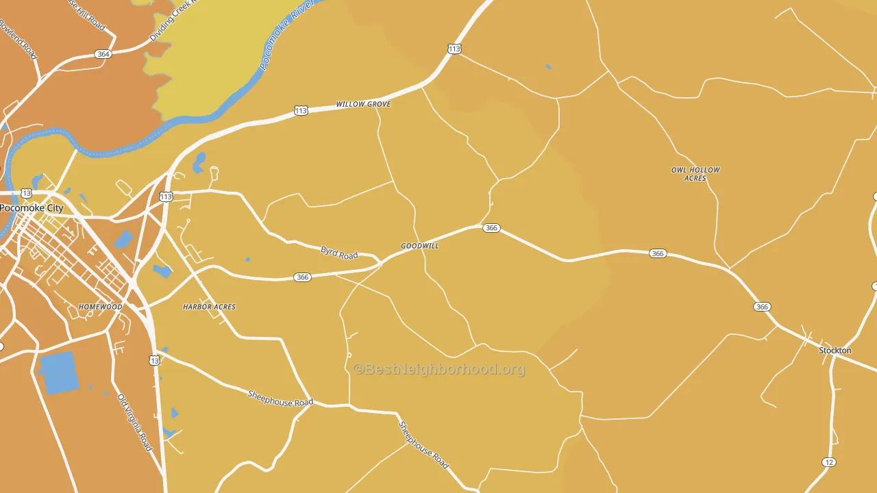 Map of the best neighborhoods in the Goodwill area, with better matches in green and worse matches in red