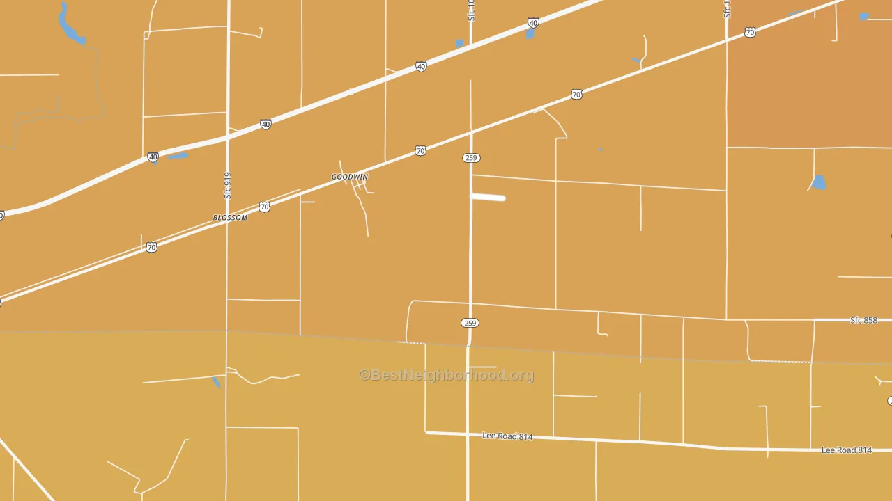 Map of the best neighborhoods in the Goodwin area, with better matches in green and worse matches in red