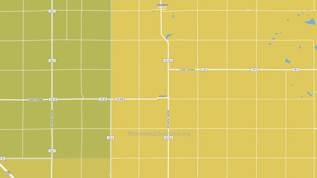 Map of the best neighborhoods in the Goodwin area, with better matches in green and worse matches in red