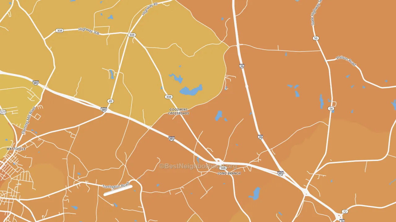 Map of the best neighborhoods in the Goodwins Crossroads area, with better matches in green and worse matches in red