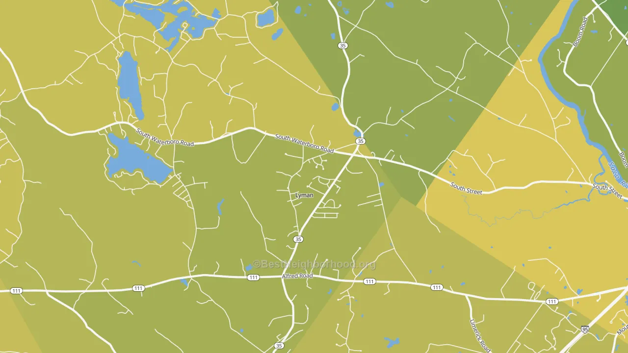 Map of the best neighborhoods in the Goodwins Mills area, with better matches in green and worse matches in red