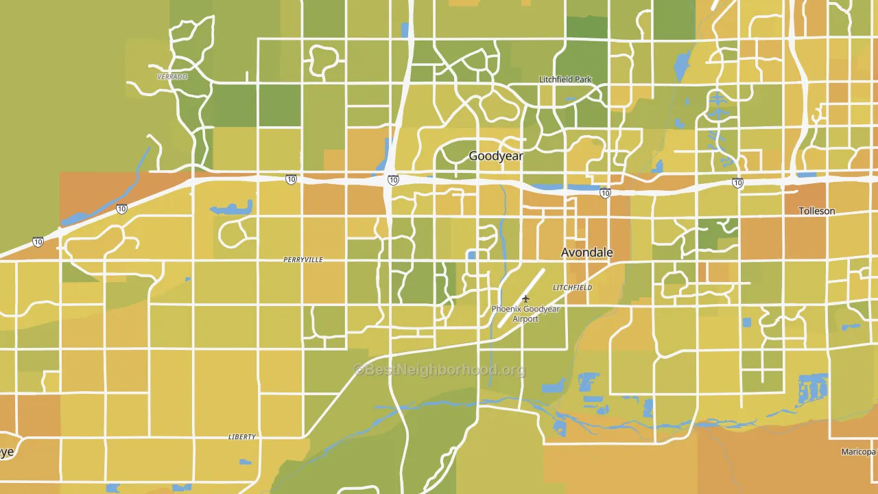 Map of the best neighborhoods in the Goodyear area, with better matches in green and worse matches in red