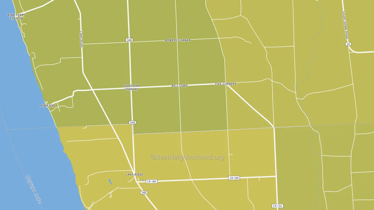 Map of the best neighborhoods in the Goodyear Corners area, with better matches in green and worse matches in red
