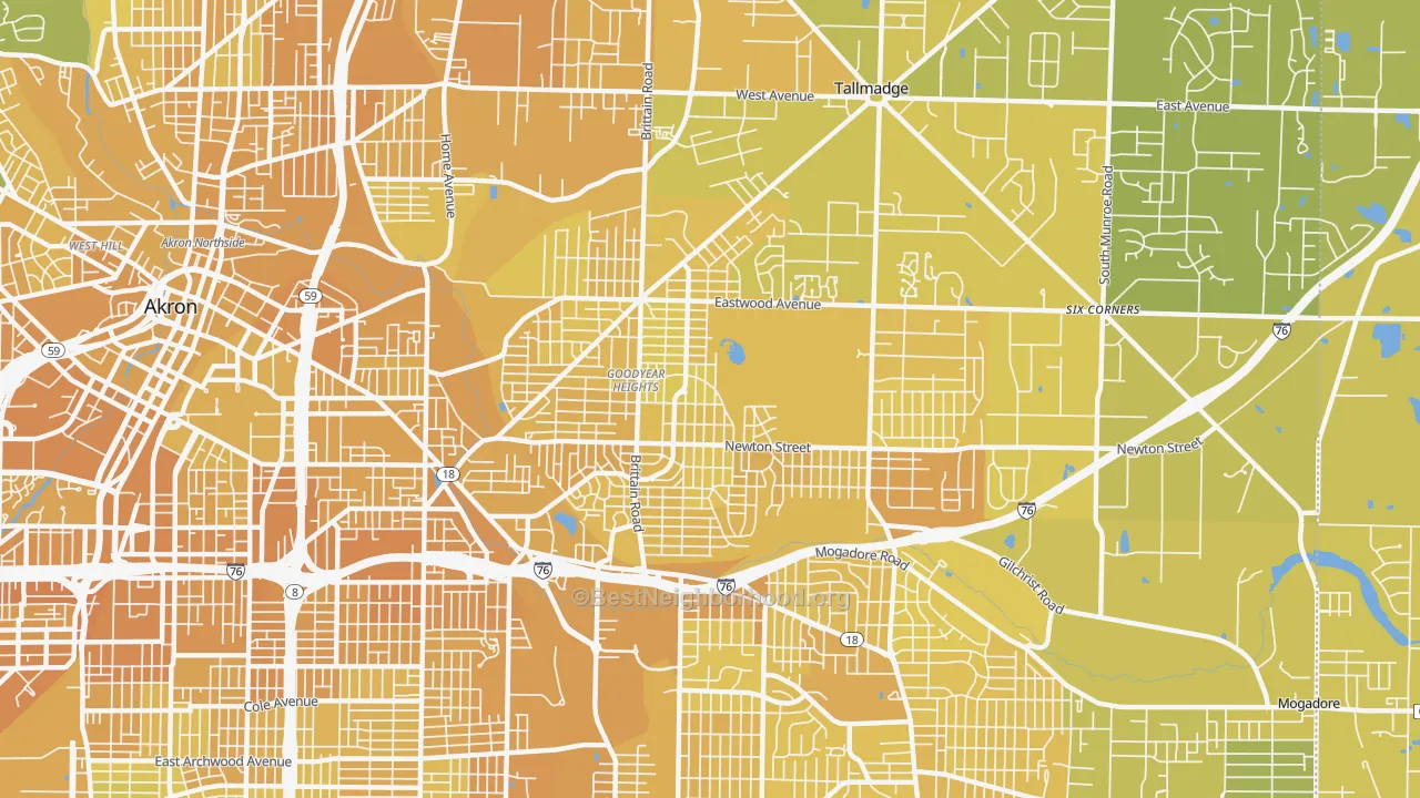 Map of the best neighborhoods in the Goodyear Heights, Akron area, with better matches in green and worse matches in red
