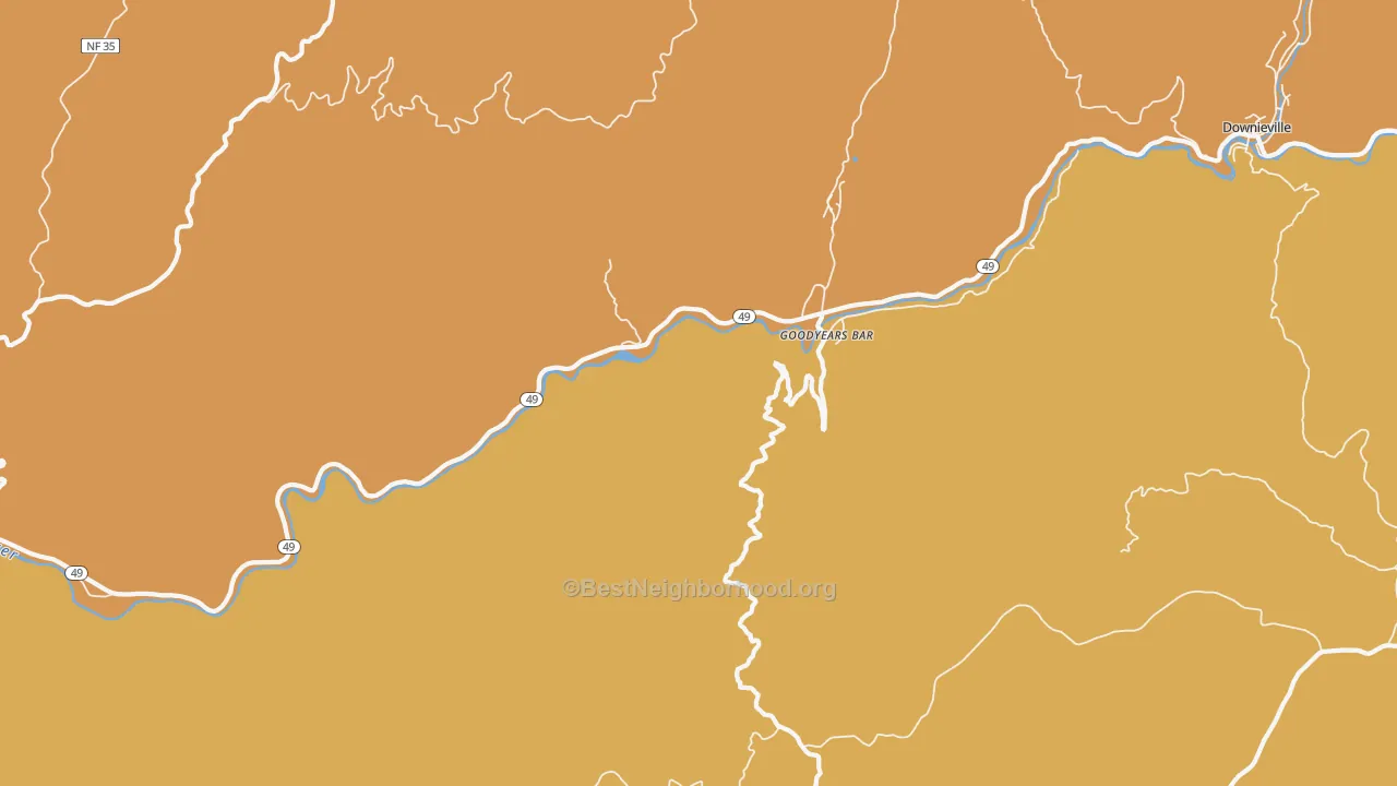 Map of the best neighborhoods in the Goodyears Bar area, with better matches in green and worse matches in red